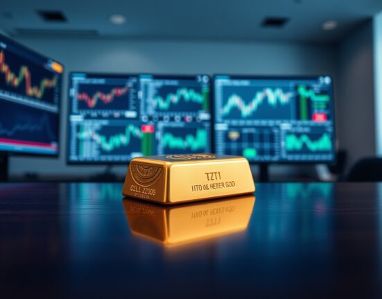 Gold bar on a trading desk with financial charts in the background, representing gold price analysis.