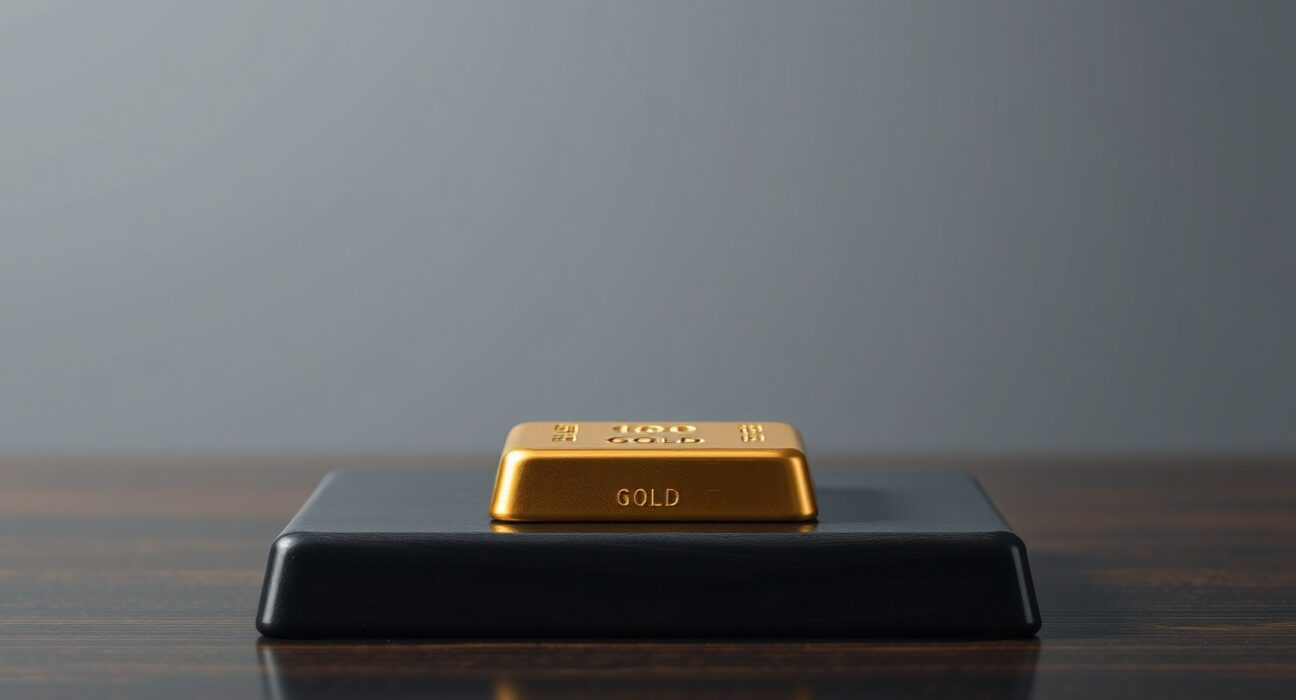 Gold bar on dark wooden surface with soft studio lighting, representing precious metals market analysis.