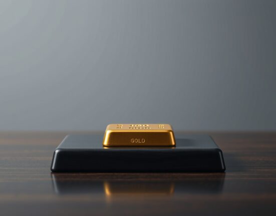Gold bar on dark wooden surface with soft studio lighting, representing precious metals market analysis.