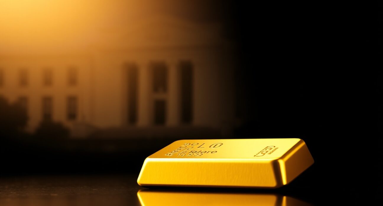 A gold bar illuminated on a dark surface with a faint silhouette of the Federal Reserve building in the background.
