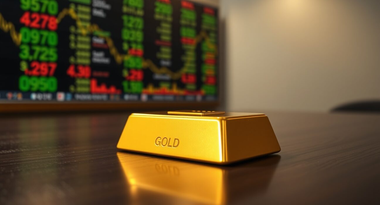 Gold bar on wooden table with blurred stock ticker in background