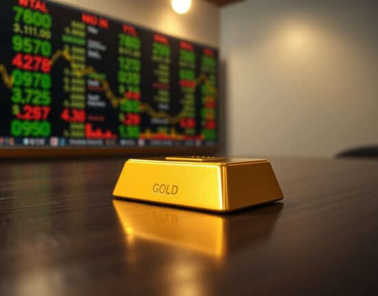 Gold bar on wooden table with blurred stock ticker in background