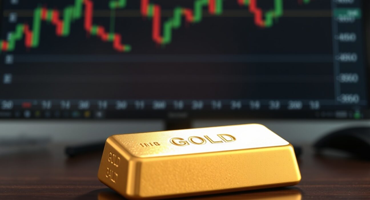 Gold bar on a wooden surface with a financial chart in the background.