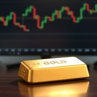 Gold bar on a wooden surface with a financial chart in the background.