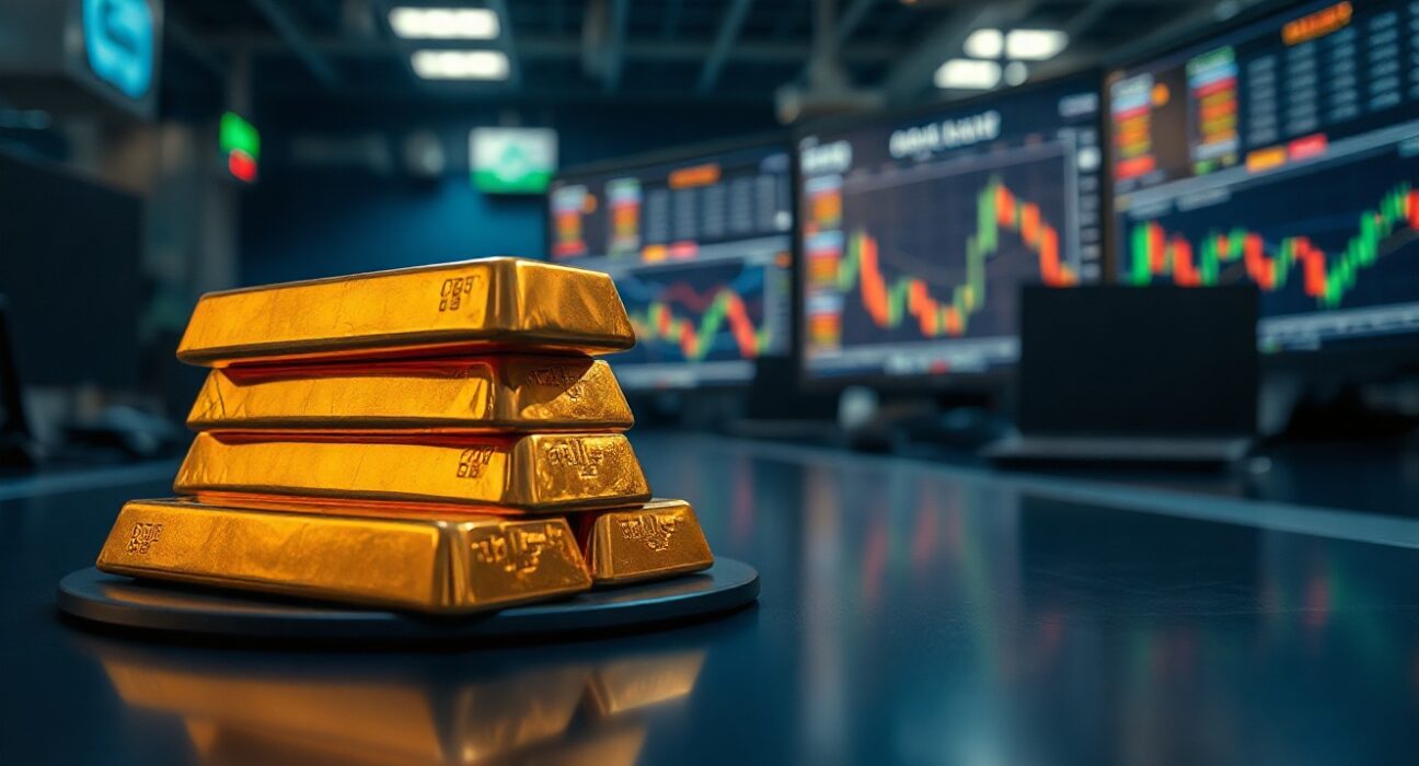 Gold bars stacked on a dark surface with trading charts blurred in background