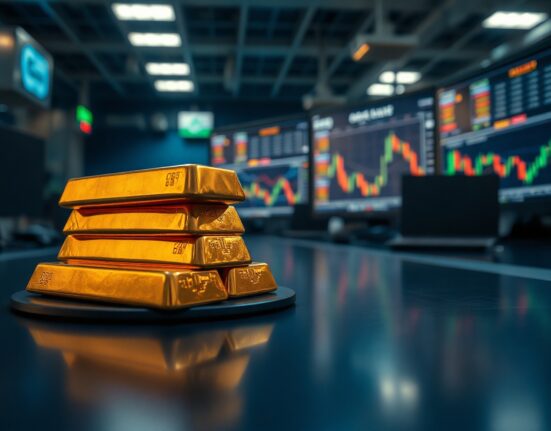Gold bars stacked on a dark surface with trading charts blurred in background