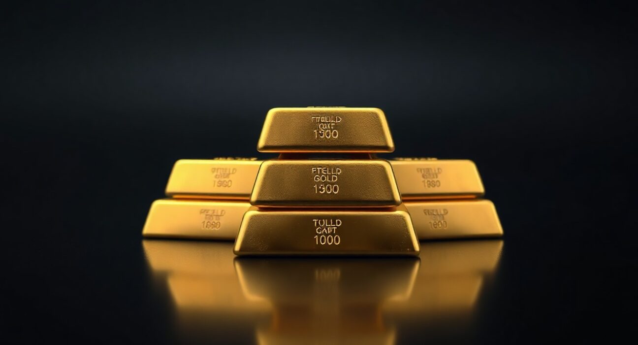 Stacked gold bullion bars on a dark reflective surface representing stable precious metals market.