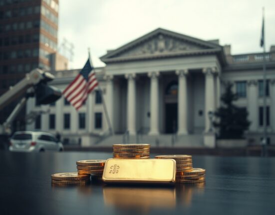 Gold bars and coins on a dark surface with a blurred central bank and American flag in background.