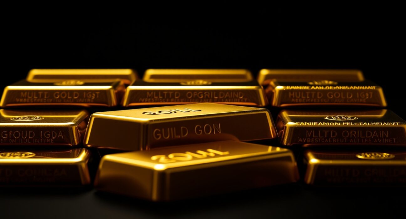 Stacked gold bullion bars reflecting light, representing gold price stability above $4,300 amid geopolitical and monetary policy news.
