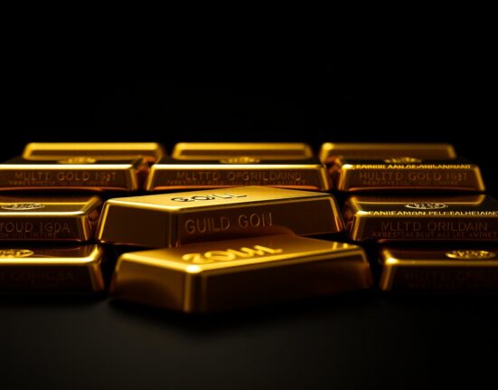 Stacked gold bullion bars reflecting light, representing gold price stability above $4,300 amid geopolitical and monetary policy news.