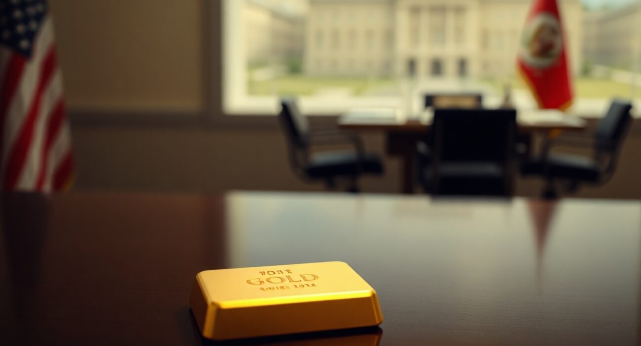 Close-up of a gold bar with a blurred American flag in the background, representing geopolitical and monetary influences on gold prices.