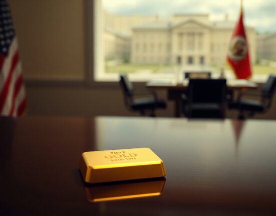 Close-up of a gold bar with a blurred American flag in the background, representing geopolitical and monetary influences on gold prices.