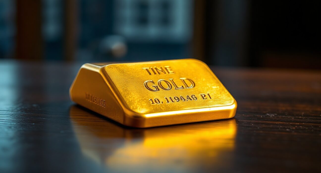 Close-up of a gold bullion bar on a dark surface with soft lighting
