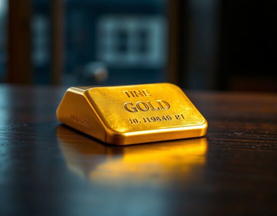 Close-up of a gold bullion bar on a dark surface with soft lighting