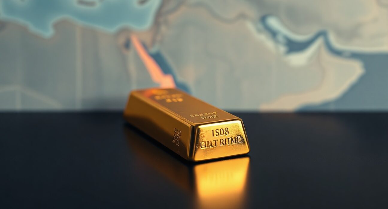 Gold bar on dark surface with blurred map of Middle East highlighting Strait of Hormuz