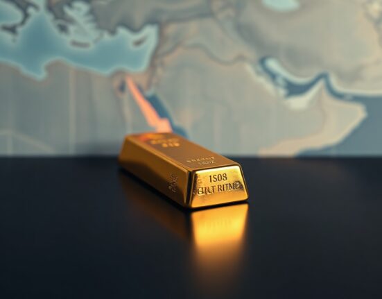 Gold bar on dark surface with blurred map of Middle East highlighting Strait of Hormuz