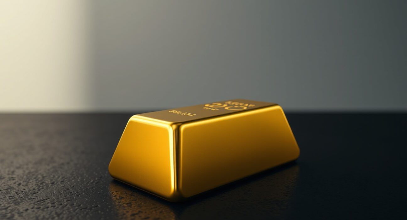 Gold bar on dark surface with soft lighting, representing precious metals market stability.