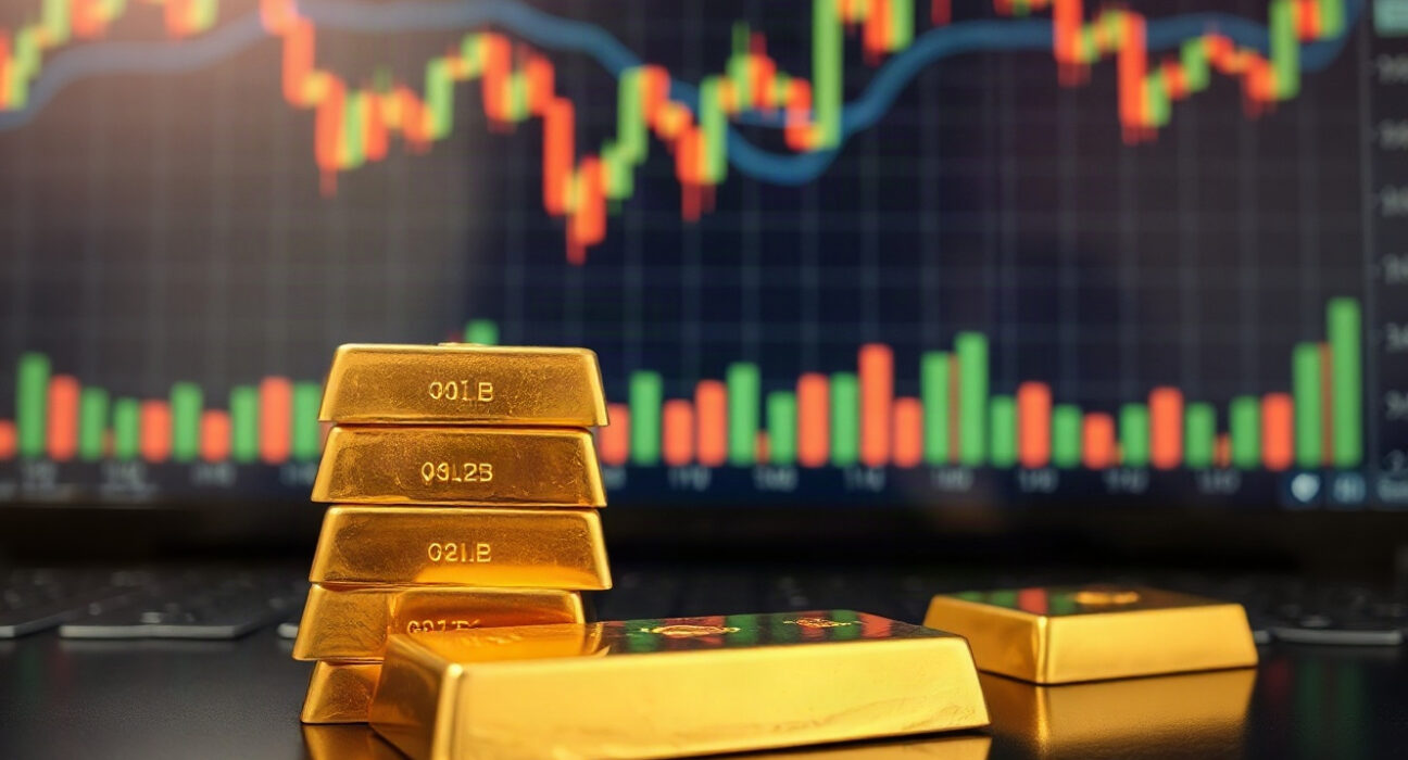Gold bullion bars on a dark surface with a financial chart in the background