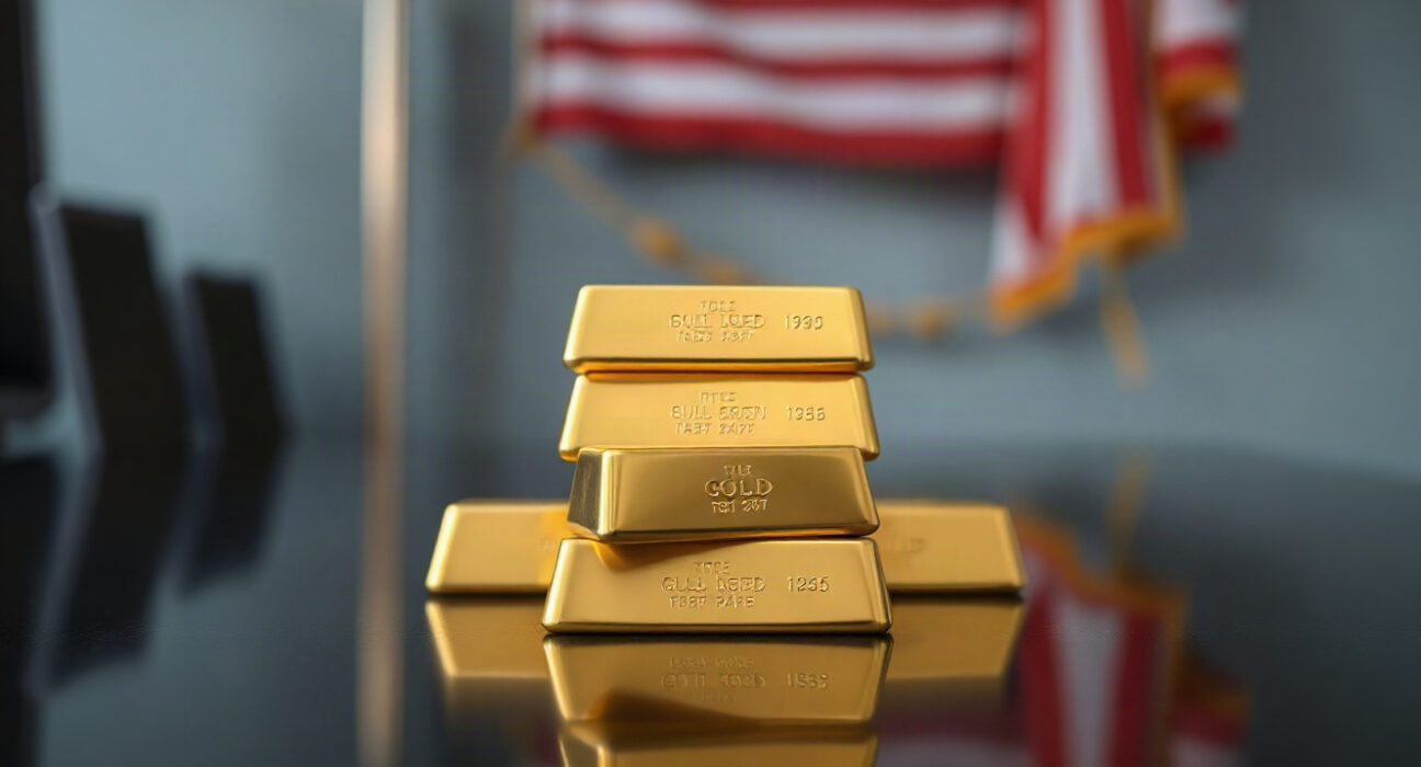 Gold bullion bars stacked with a blurred American flag in background, representing gold prices and Federal Reserve policy