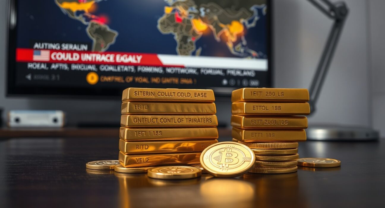 Gold bars and coins on a table with a blurred news screen showing Middle East conflict map in the background
