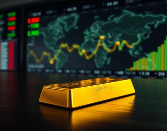 Gold bar on a dark surface with blurred financial screens and world map in background