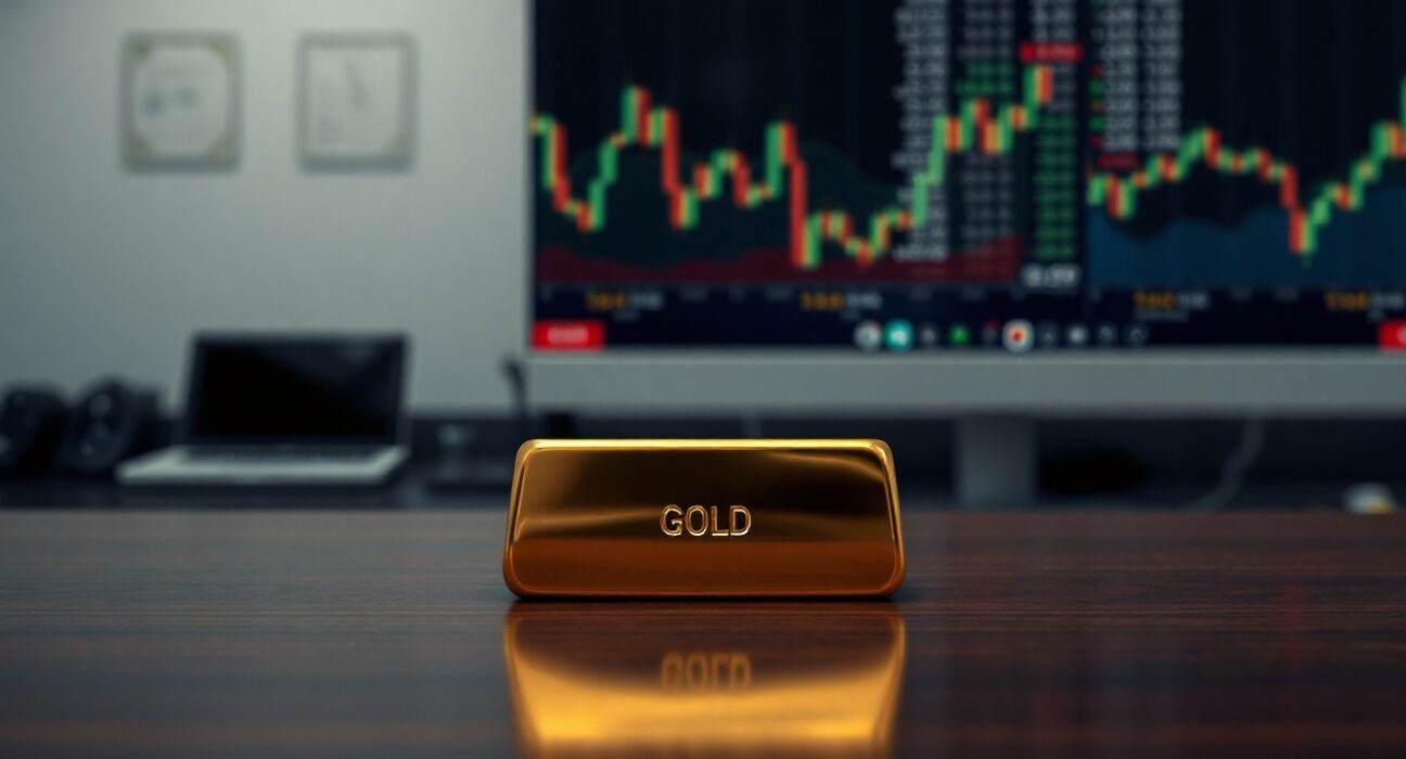 Gold bullion bar on a dark surface with a blurred financial monitor background