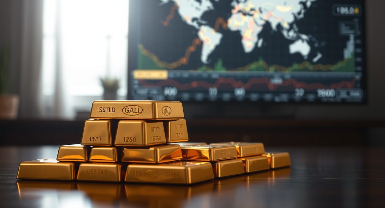 Stack of gold bars on a wooden surface with a blurred financial news background
