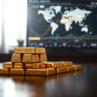Stack of gold bars on a wooden surface with a blurred financial news background