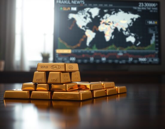 Stack of gold bars on a wooden surface with a blurred financial news background