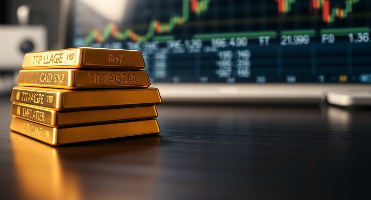 Close-up of gold bars on a dark surface with a blurred financial monitor in the background.