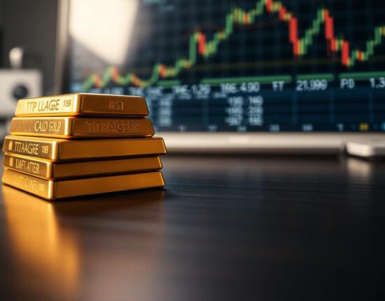 Close-up of gold bars on a dark surface with a blurred financial monitor in the background.