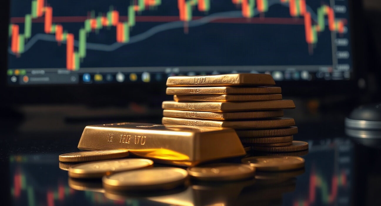 Gold bars and coins with a blurred chart in the background, representing market movements.