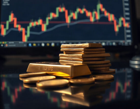 Gold bars and coins with a blurred chart in the background, representing market movements.