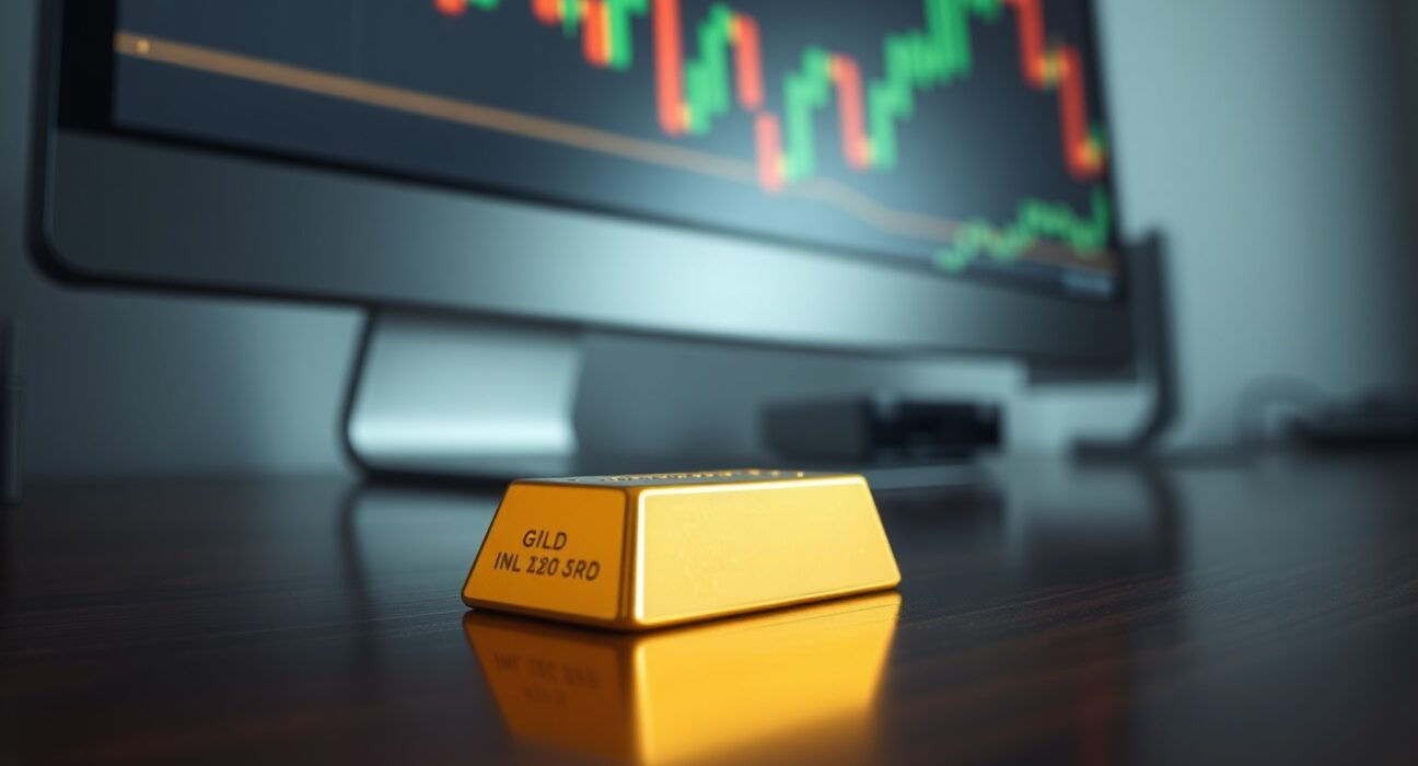 Gold bar on wooden surface with financial chart in background representing market volatility