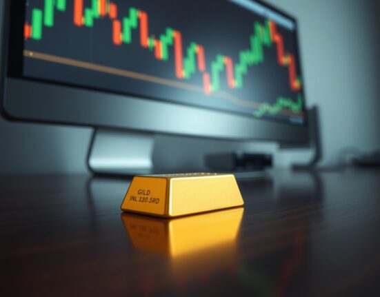 Gold bar on wooden surface with financial chart in background representing market volatility
