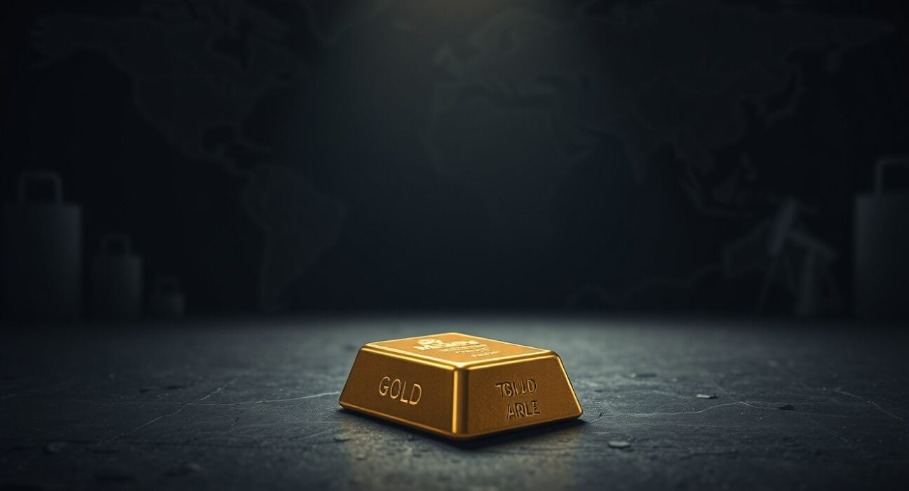 Gold bar on dark surface with blurred background of world map and charts, representing inflation fears and geopolitical risk.