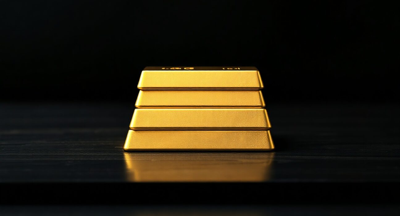 Stacked gold bars on a dark surface with soft lighting, representing gold price near $4,300.