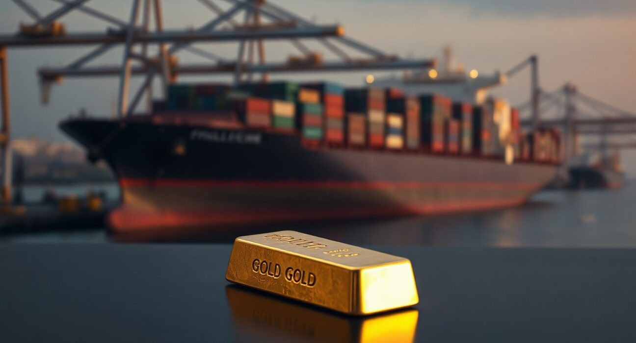 Gold bullion bar with a cargo ship in the background, symbolizing geopolitical trade factors affecting gold prices.