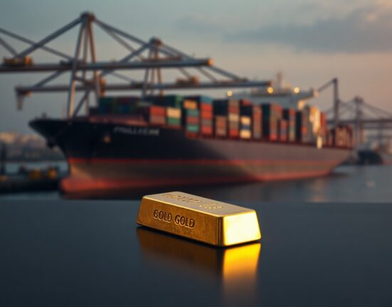 Gold bullion bar with a cargo ship in the background, symbolizing geopolitical trade factors affecting gold prices.