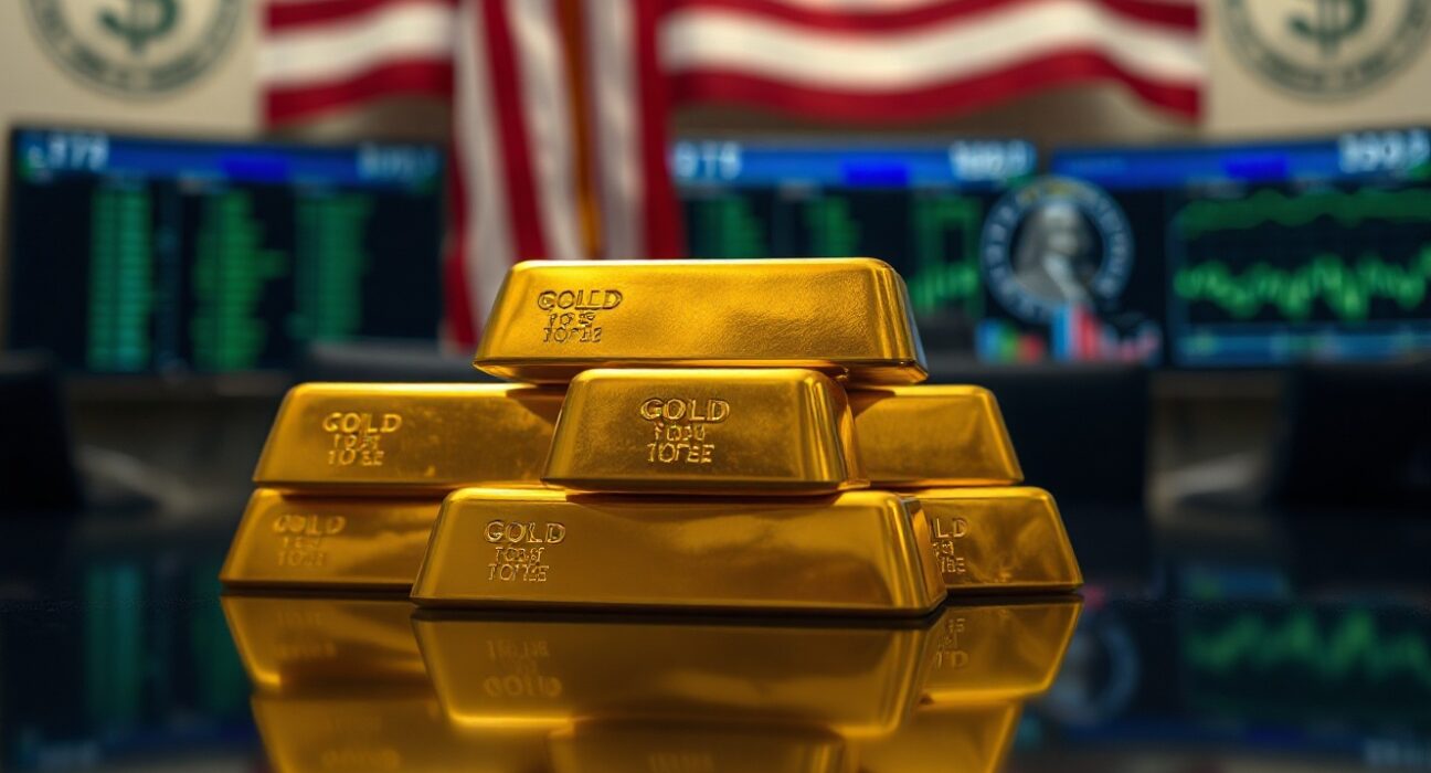 Gold bars stacked with a blurred US flag in the background, representing the relationship between gold prices and the US Dollar.