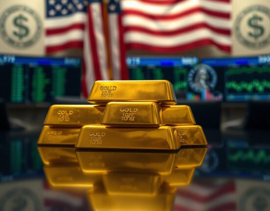 Gold bars stacked with a blurred US flag in the background, representing the relationship between gold prices and the US Dollar.