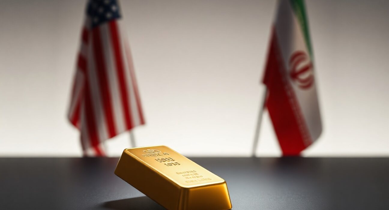 Gold bar on reflective surface with soft lighting, representing safe-haven demand amid geopolitical uncertainty.