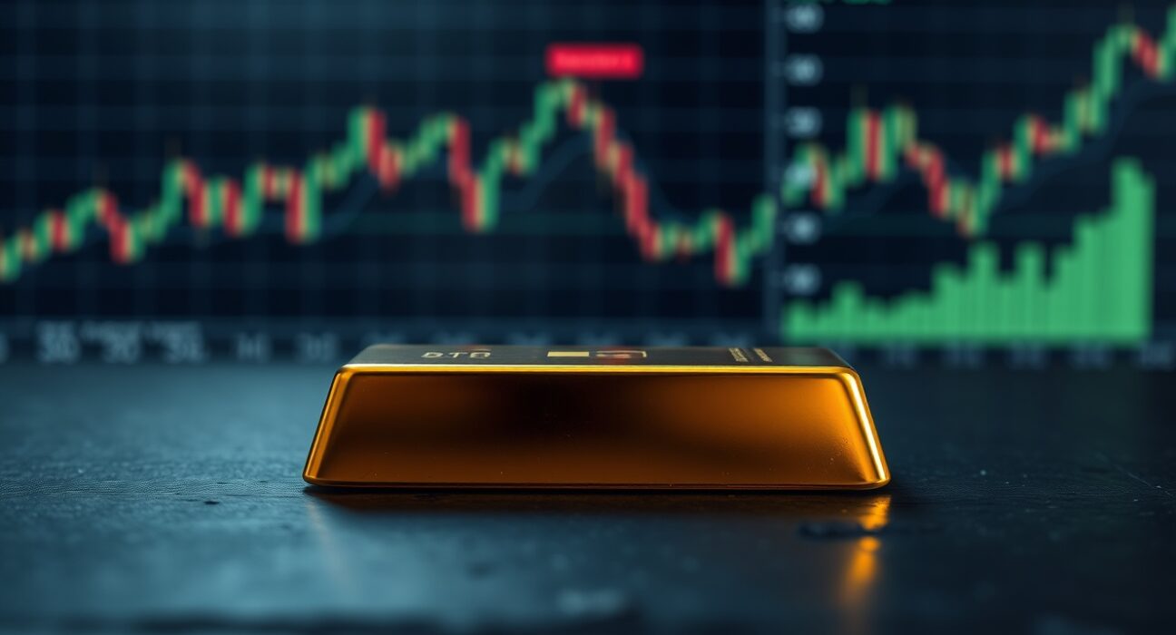 A single gold bar resting on a dark surface with blurred financial charts in the background.