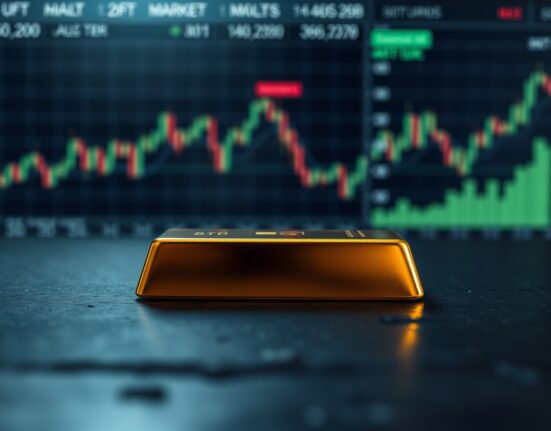 A single gold bar resting on a dark surface with blurred financial charts in the background.