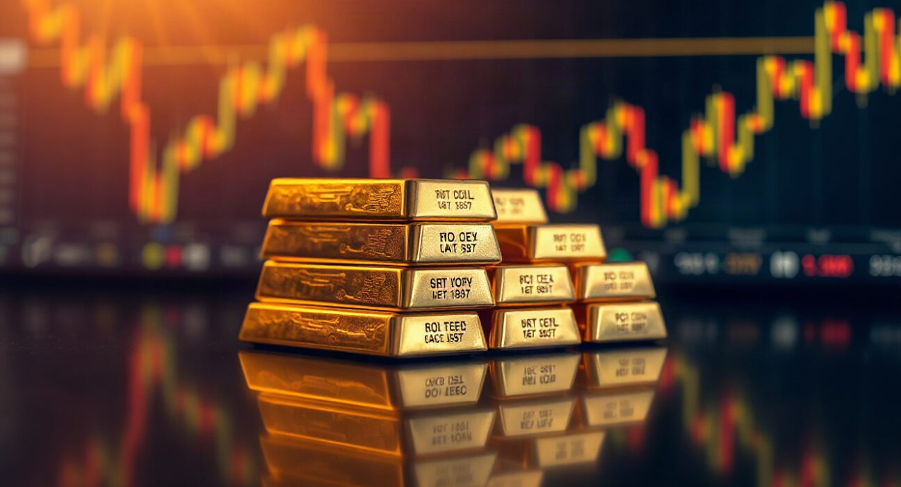 Gold bars on a dark surface with a blurred financial chart in the background, representing the gold market's focus on inflation data.