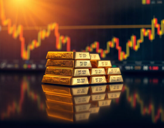 Gold bars on a dark surface with a blurred financial chart in the background, representing the gold market's focus on inflation data.