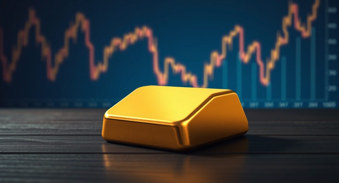 Gold bar with downward chart trend representing gold holds near $4,700 but faces weekly loss due to higher-for-longer rate outlook