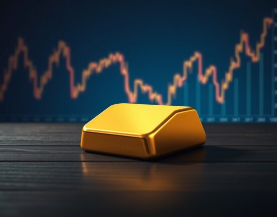 Gold bar with downward chart trend representing gold holds near $4,700 but faces weekly loss due to higher-for-longer rate outlook