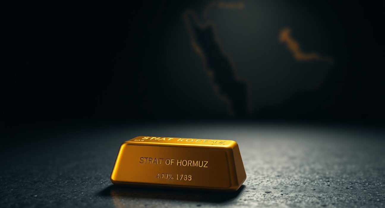 Gold bullion bar with geopolitical map of Strait of Hormuz in background