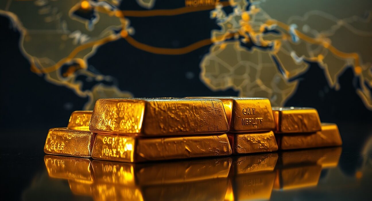 Gold bullion bars stacked with a blurred shipping lane background, representing safe-haven demand amid Hormuz tensions.